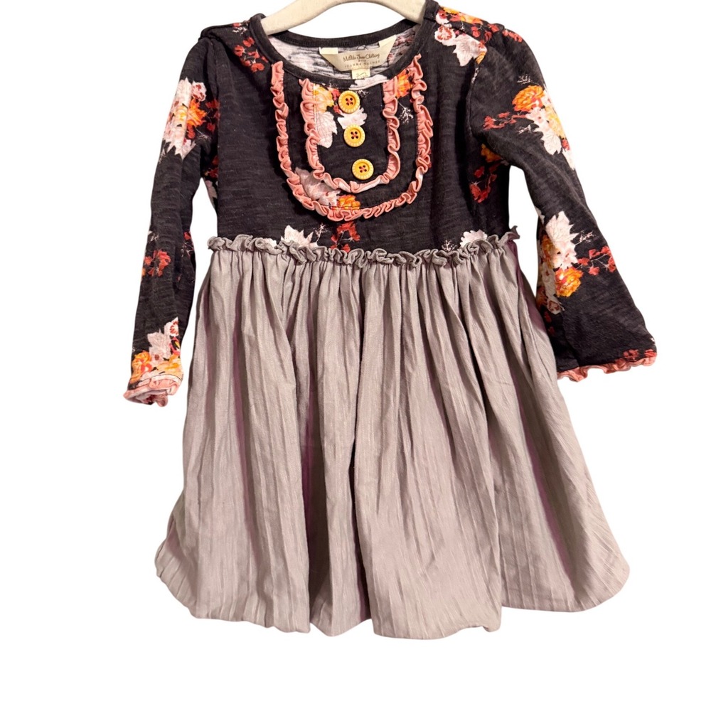 Matilda Jane Girls Dress Floral Print‎ Gray Ruffle Long Sleeve Size 18 24m